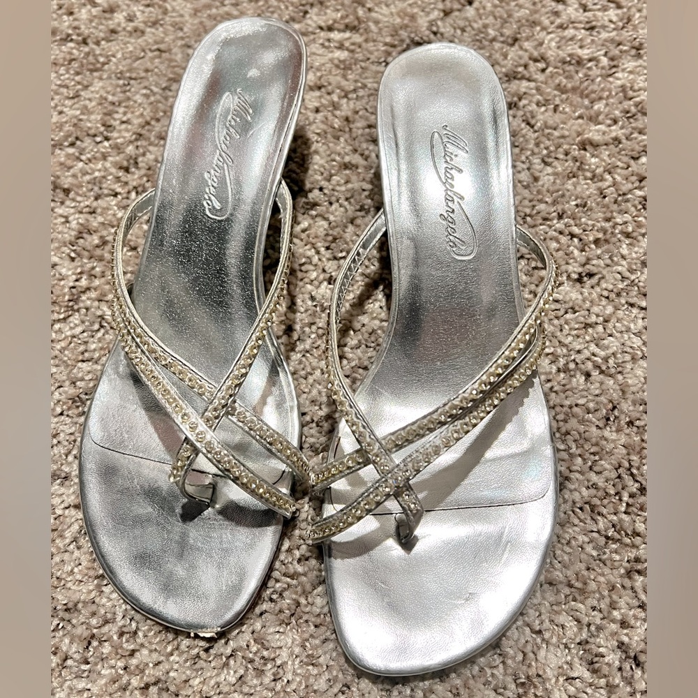 Davids Bridal MICHAELANGELO Marly Silver & Rhinestone Sandals Heels, Size 7.5M